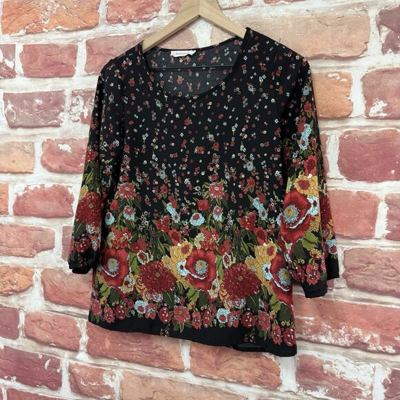 Newbury Kustom Top Women's Small Black Multicolor Flower Bomb Casual Shirt - Picture 3 of 9
